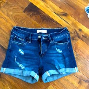 Kan Can Ila High Rise Exposed Button Fly Distressed Tucked Cuffed Short